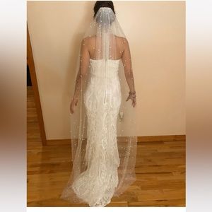 Chapel length scattered pearl ivory wedding veil 90”